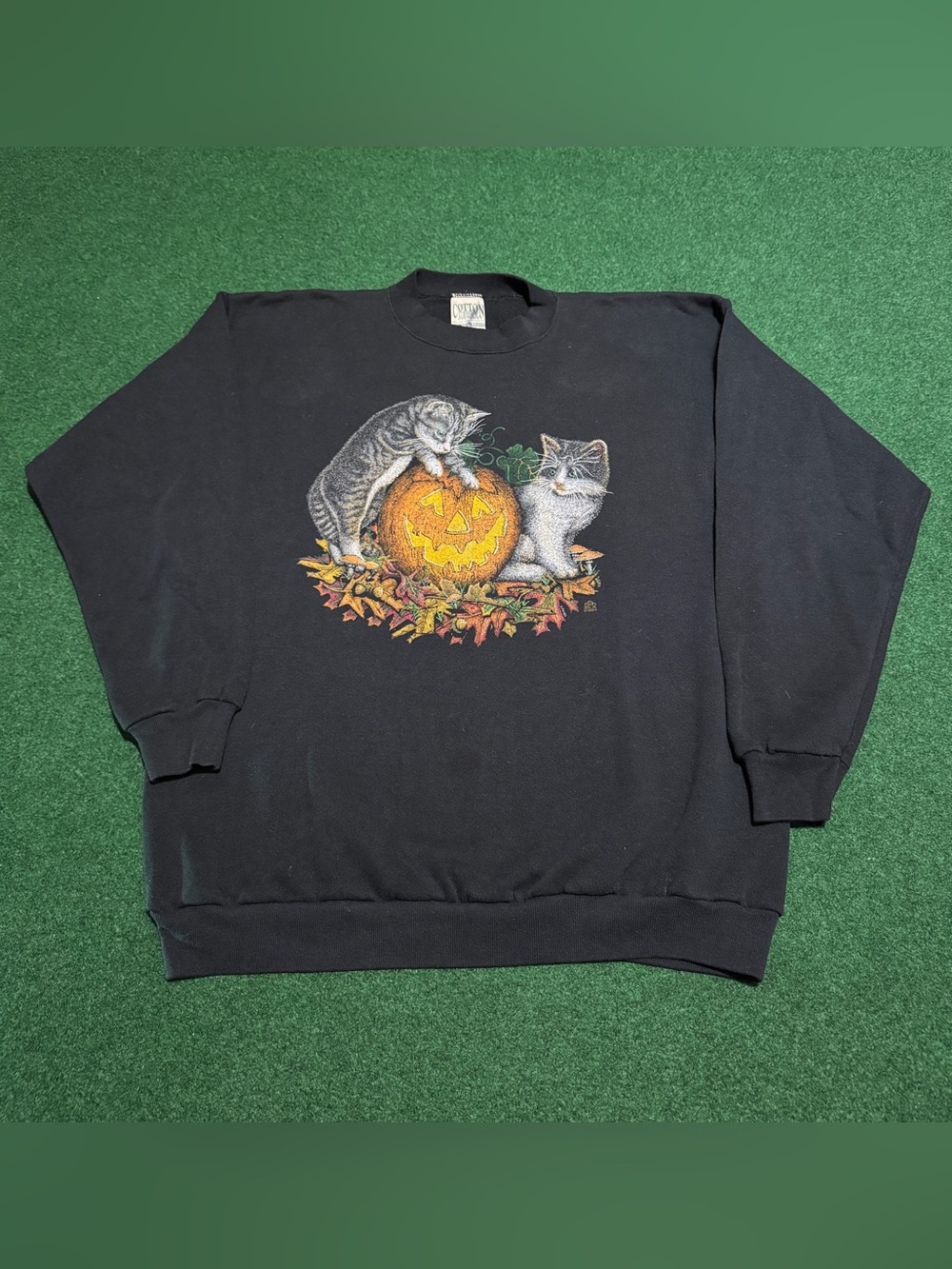 Cat Pumpkin Vintage Sweatshirt Fall Cute Kitten Jack O Lantern XL Black 90s